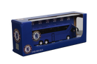 Chelsea Mini Team Bus, a deep blue miniature double-decker coach with Chelsea crests, shown in a branded display box
