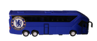 Chelsea Mini Team Bus, a blue miniature coach with dark windows, silver wheels and a circular Chelsea crest on its side.