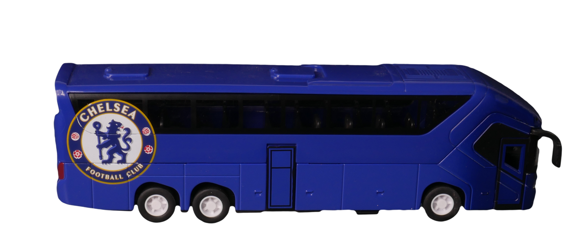 Chelsea Mini Team Bus, a blue miniature coach with dark windows, silver wheels and a circular Chelsea crest on its side.