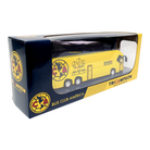 Club América Mini Team Bus, a yellow miniature coach with navy branding and crest, displayed in a clear-front box