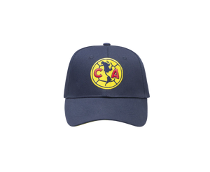 Club America Adjustable Cap in navy twill with a curved brim and prominent embroidered yellow crest with red accents.