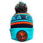 Club America Cuffed Beanie in turquoise and navy acrylic knit with orange stripes, pom-pom and embroidered crest