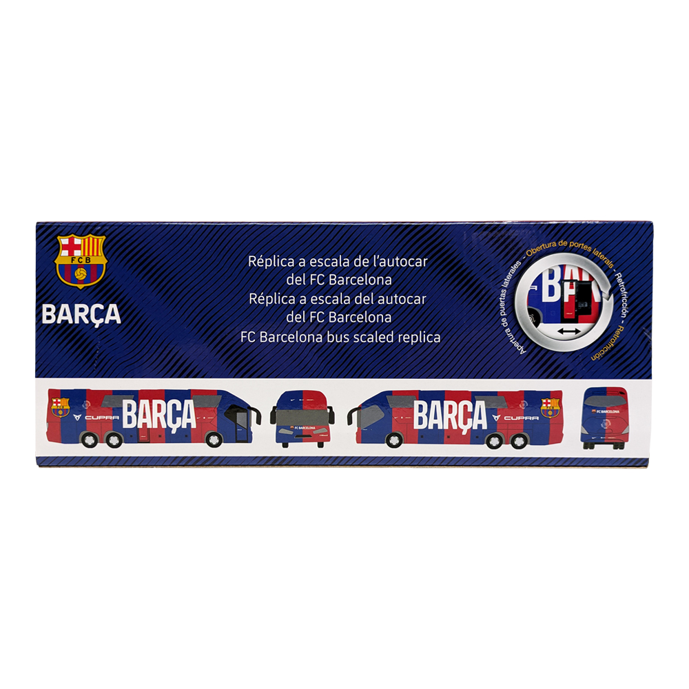 FC Barcelona Mini Team Bus replica showing a blue and red coach with bold Barça lettering and club crest