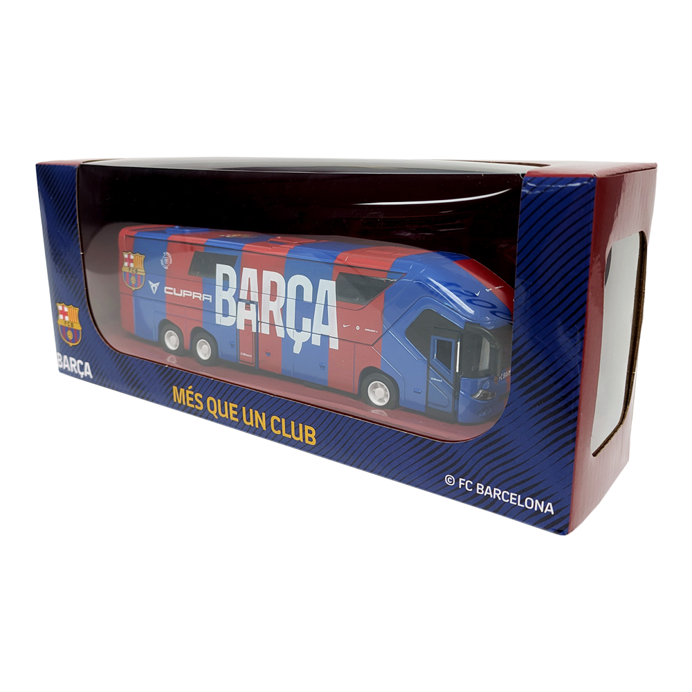 FC Barcelona Mini Team Bus miniature red and blue team coach with Barça branding and three-axle wheels in display box