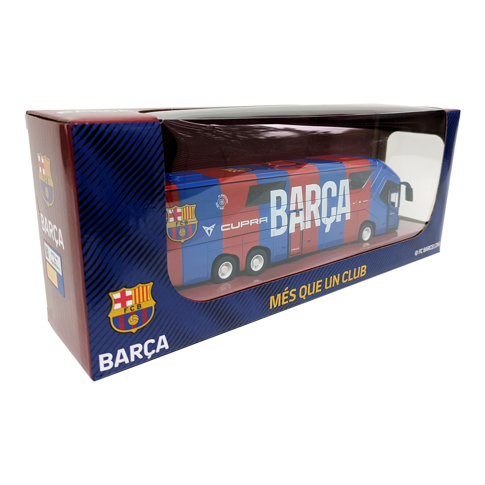 FC Barcelona Mini Team Bus miniature red and blue coach with Barça lettering and crest, displayed in a branded window box