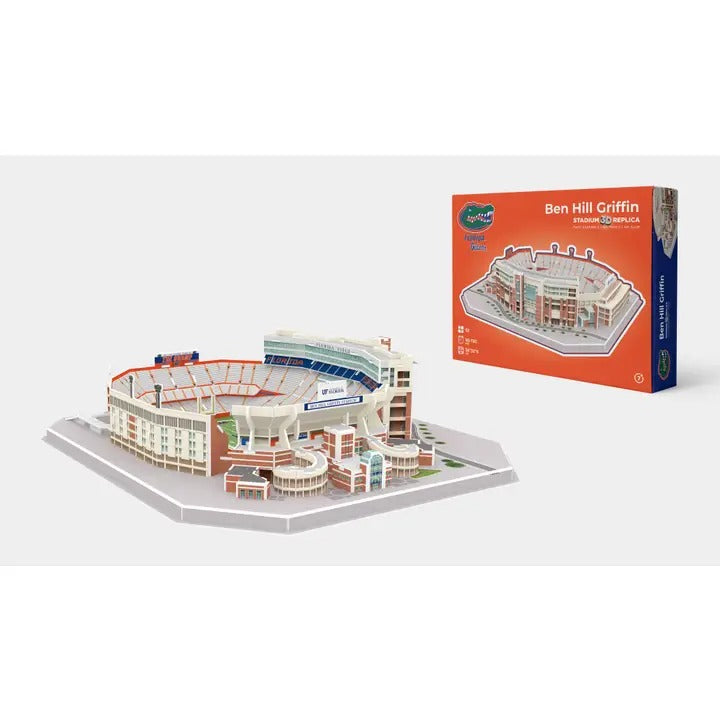 Completed Florida Gators Ben Hill Griffin Stadium 92-piece 3D puzzle with product box