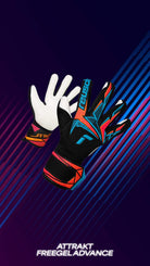 Reusch Attrakt Freegel Advance soccer goalie gloves in exclusive White/Light Blue and Black/Blue colorways with Grip Advance latex and strap-free backhand design