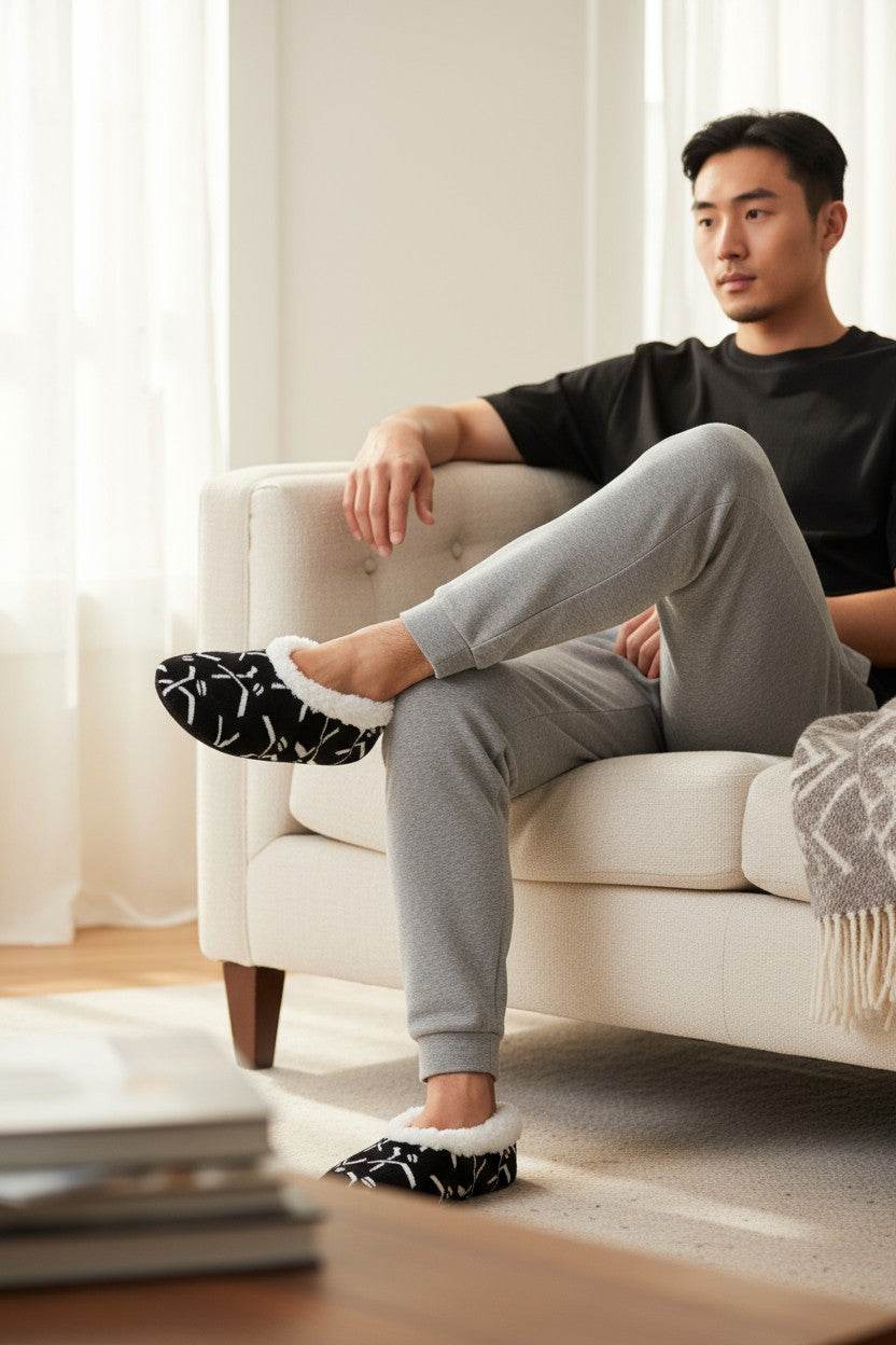 Man relaxing on couch wearing black and white hockey slippers with plush cushioning and non-slip sole