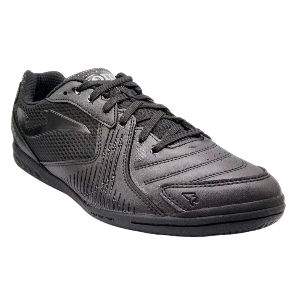 Joma Dribling indoor soccer shoe in charcoal black synthetic material, with textured panels, black laces and a flat rubber sole