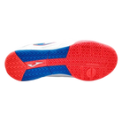 Joma Dribling indoor soccer shoe outsole in red and blue rubber with textured traction patterns and white Joma logo