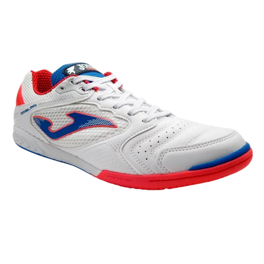Joma Dribling indoor soccer shoe with a white synthetic upper, blue accents, red trim, and perforated panels