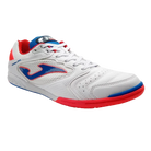 Joma Dribling indoor soccer shoe with a white synthetic upper, blue accents, red trim, and perforated panels