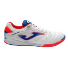 Joma Dribling indoor soccer shoe in white synthetic material with blue and red accents, textured upper and flat rubber sole