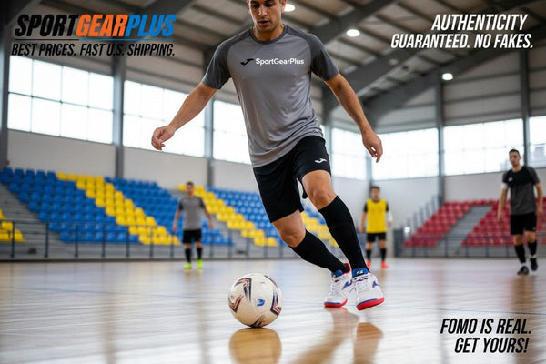 Joma Dribling indoor soccer shoes in white with blue and red accents, synthetic upper and low-profile rubber sole