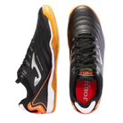 Joma Maxima indoor soccer shoes in black synthetic material, with grey accents, orange gum soles and lace-up uppers