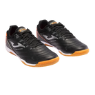Joma Maxima indoor soccer shoes in black synthetic material, with textured panels, white logos and orange rubber soles