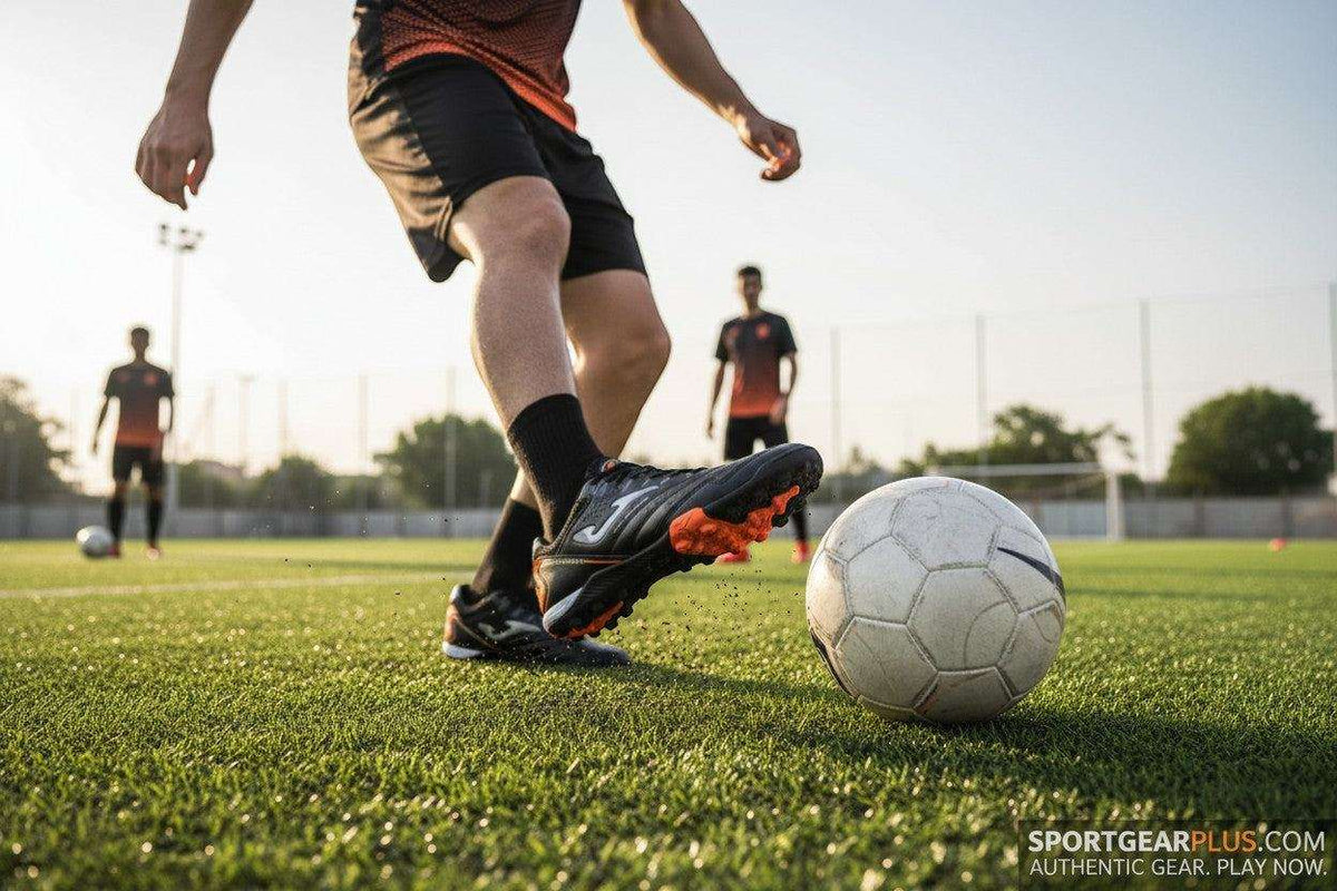 Joma Maxima turf soccer shoes in black with orange accents, synthetic upper and rubber turf studs on the sole