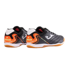 Joma Maxima indoor soccer shoes in charcoal synthetic material with orange accents, grey logo and gum rubber sole