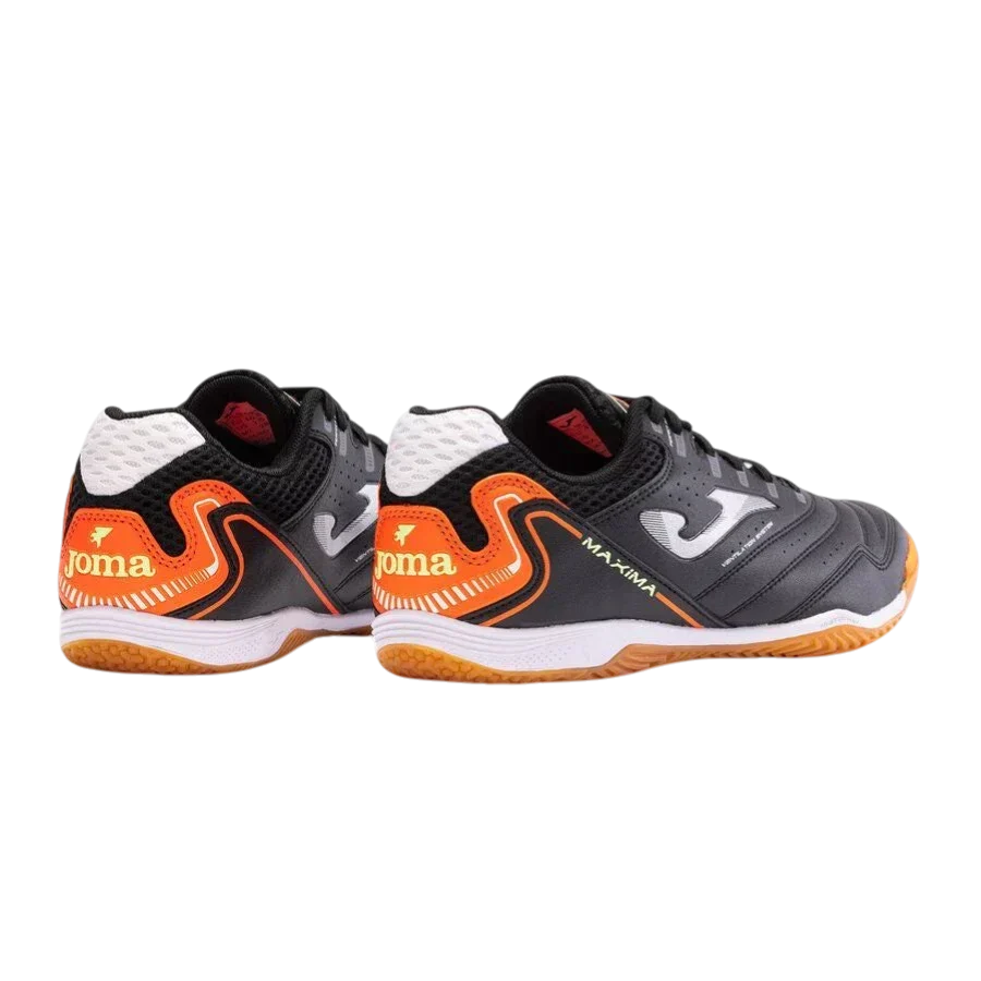 Joma Maxima indoor soccer shoes in charcoal synthetic material with orange accents, grey logo and gum rubber sole