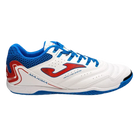 Joma Maxima indoor soccer shoe with a white synthetic upper, blue laces and sole, and red and blue side graphics