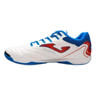 Joma Maxima indoor soccer shoe in white synthetic material with blue mesh accents, red logo, and flat rubber outsole