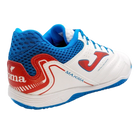 Joma Maxima indoor soccer shoe in white synthetic material with blue mesh and red accents, featuring a flat rubber sole
