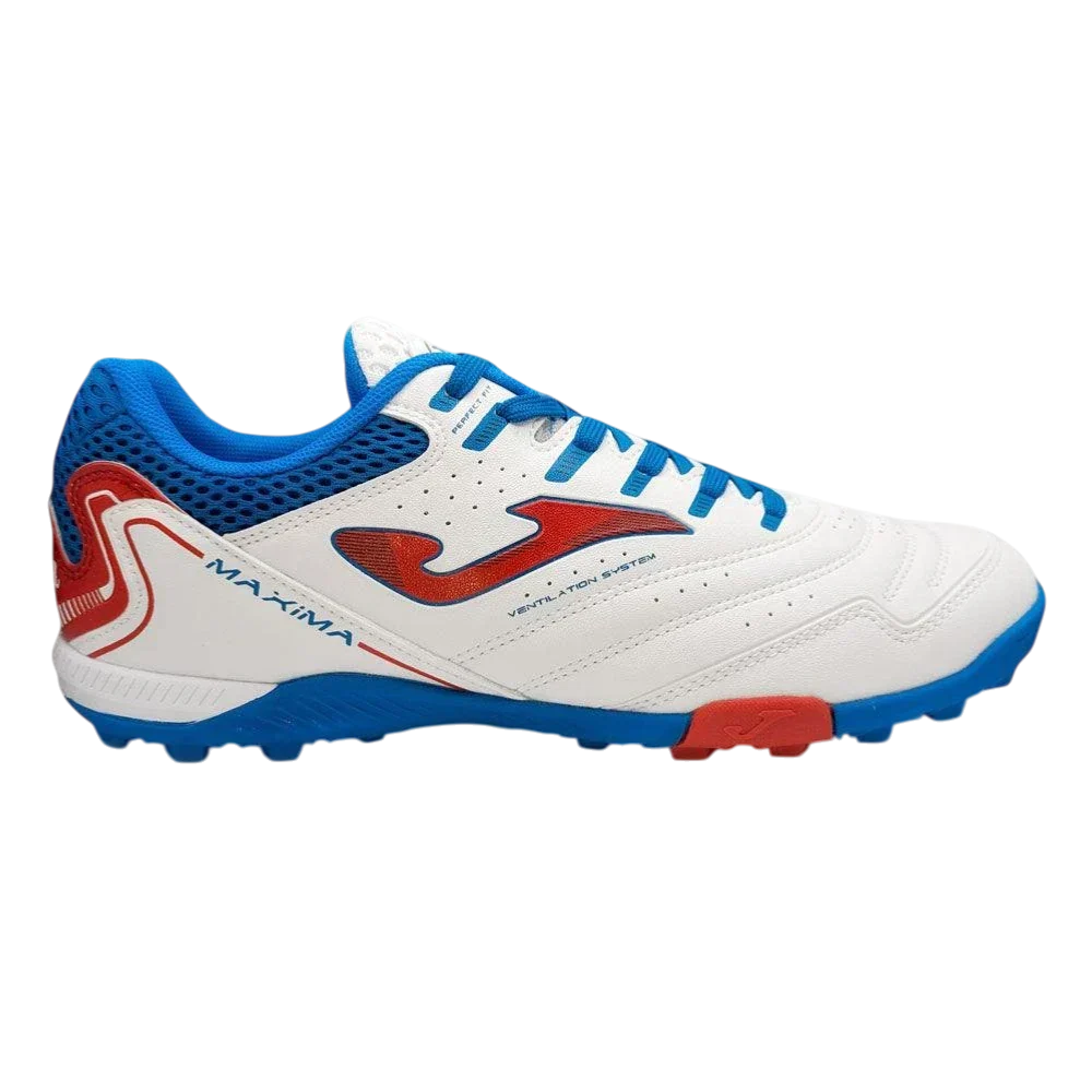 Joma Maxima turf soccer shoe in white synthetic material with blue mesh panels, red accents and multi-stud outsole