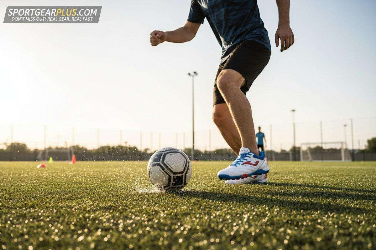 Joma Maxima turf soccer shoe in white with blue and red accents, worn by a player beside a soccer ball
