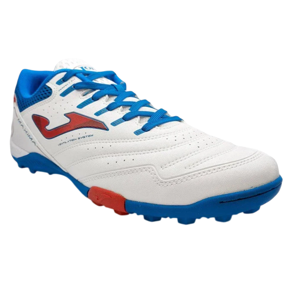 Joma Maxima turf soccer shoe in white synthetic material with blue laces and outsole, red logo and rubber studs