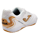 Joma Maxima indoor soccer shoe in white synthetic material with gold accents, perforated mesh panels and gum rubber sole