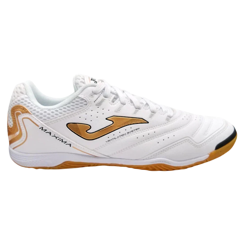 Joma Maxima indoor soccer shoe with a white synthetic upper, gold accents, mesh panels and flat gum rubber outsole