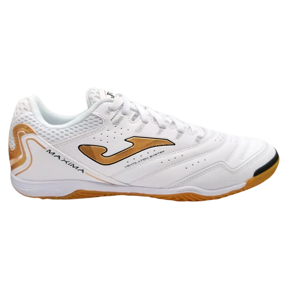 Joma Maxima indoor soccer shoe with a white synthetic upper, gold accents, mesh panels and flat gum rubber outsole