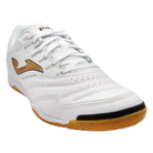 Joma Maxima indoor soccer shoe in white synthetic material with perforated panels, a gold side logo and gum rubber sole