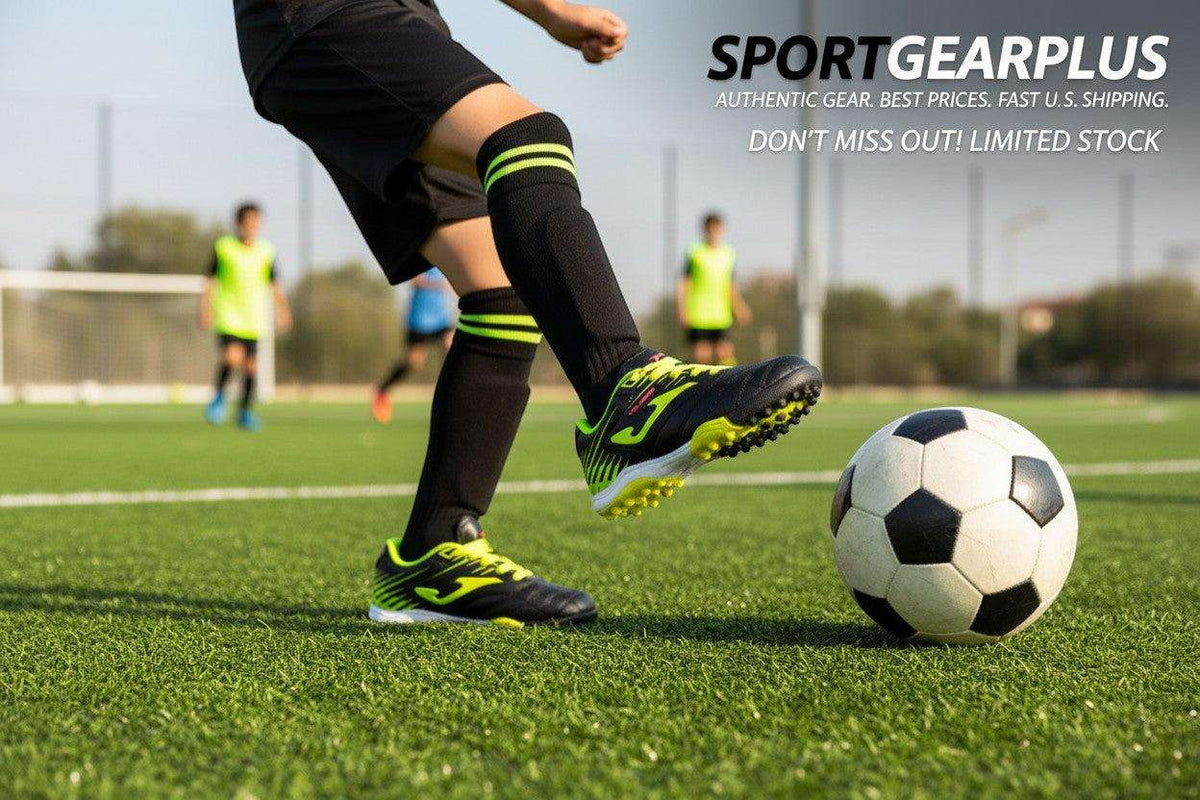 Joma Toledo turf soccer shoes in black with neon yellow-green accents, worn by a player with rubber studs