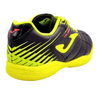 Joma Toledo junior indoor soccer shoe in black and neon yellow with synthetic panels, striped heel and Joma logo