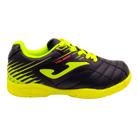 Joma Toledo junior indoor soccer shoe in black synthetic material with neon yellow accents, laces and rubber sole