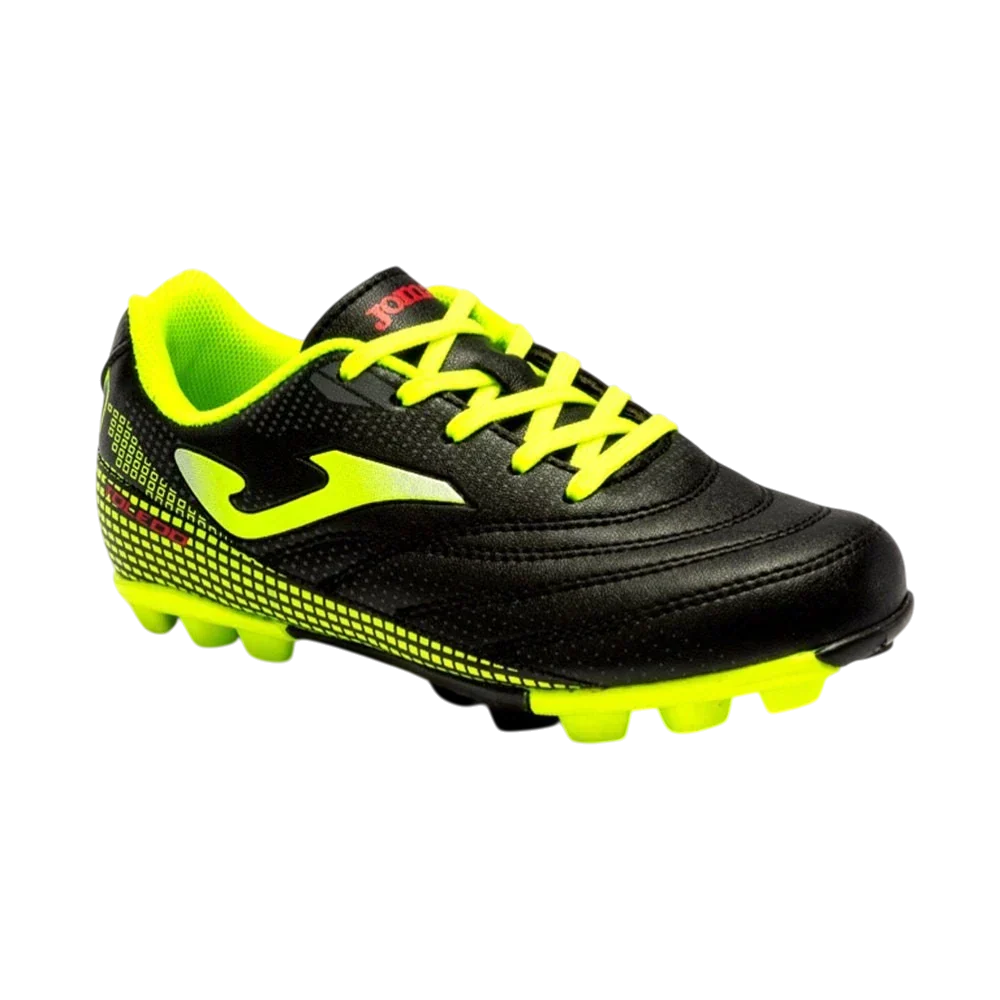 Joma Toledo soccer cleat in black with neon yellow laces, lining, side logo and molded studs