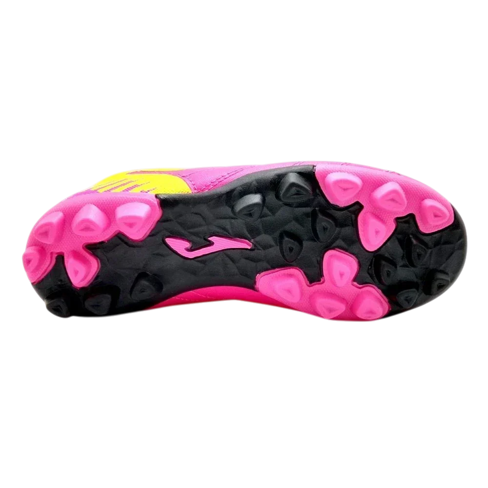 Joma Toledo molded soccer cleat outsole in black and bright pink, with textured traction studs and a pink logo