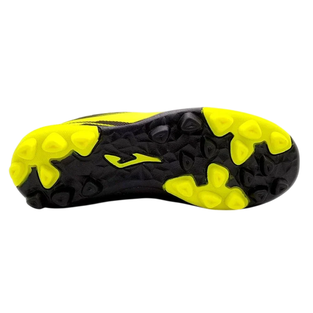 Joma Toledo soccer cleat sole in black with bright yellow molded studs and a yellow Joma logo