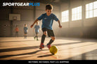 Joma Toledo junior indoor soccer shoes in red and black, worn by a young player dribbling a ball on a court
