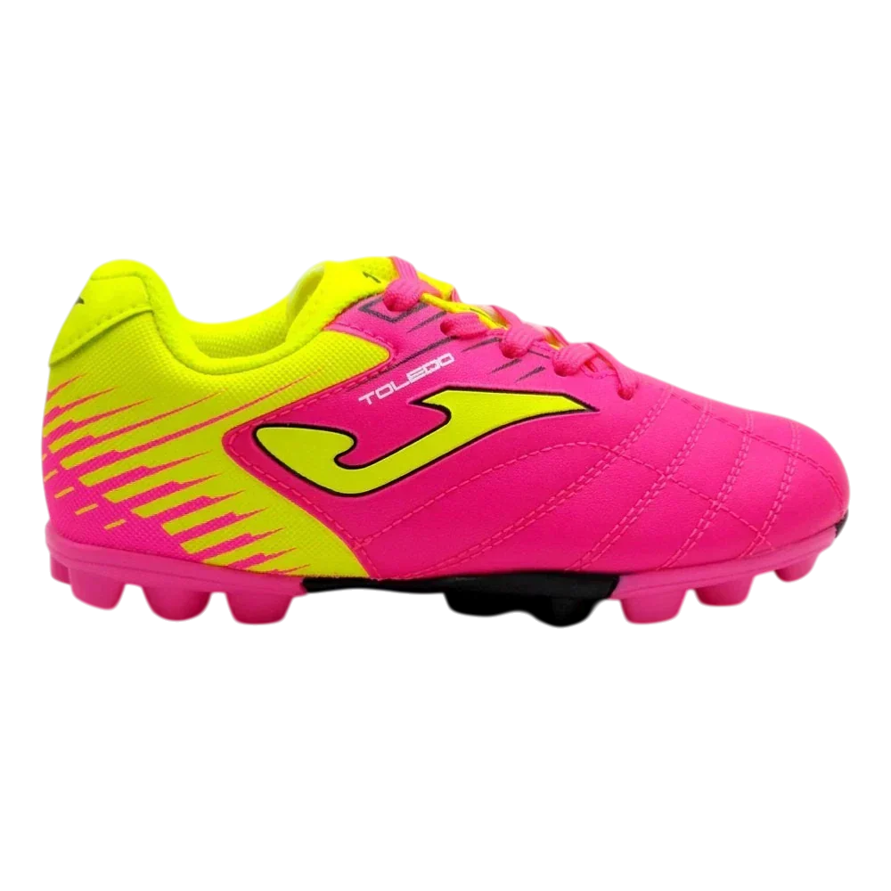 Joma Toledo junior molded soccer cleat in bright pink and neon yellow with a large side logo and molded studs
