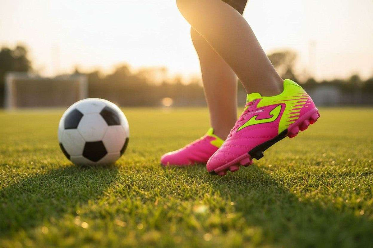 Joma Toledo junior soccer cleats in bright pink and neon yellow with molded studs and a bold side logo