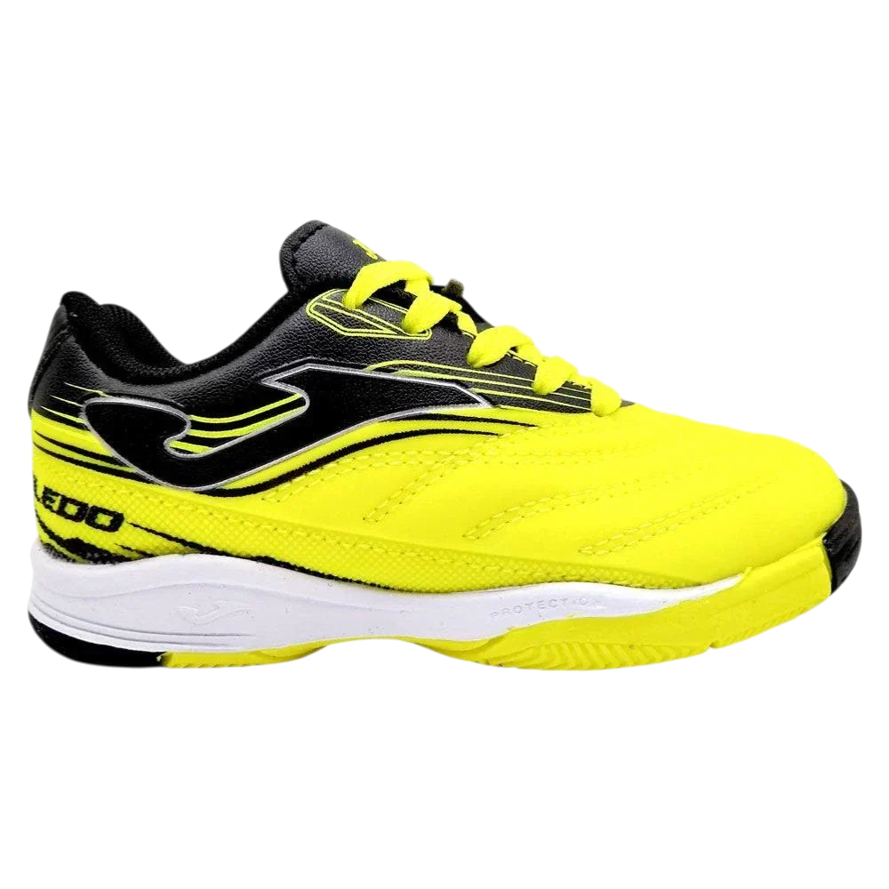 Joma Toledo indoor soccer shoe in neon yellow and black synthetic material, with contrast laces and a flat rubber outsole