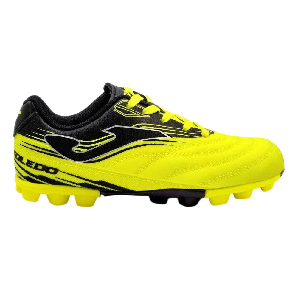Joma Toledo junior soccer cleat in neon yellow and black with synthetic upper, graphic accents, and molded studs