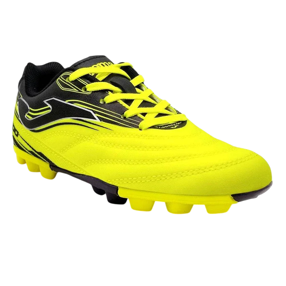 Joma Toledo junior soccer cleat in neon yellow and black with synthetic upper, lace-up design and molded studs