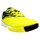 Joma Toledo junior indoor soccer shoe in neon yellow synthetic material with black accents, matching laces and a flat rubber outsole