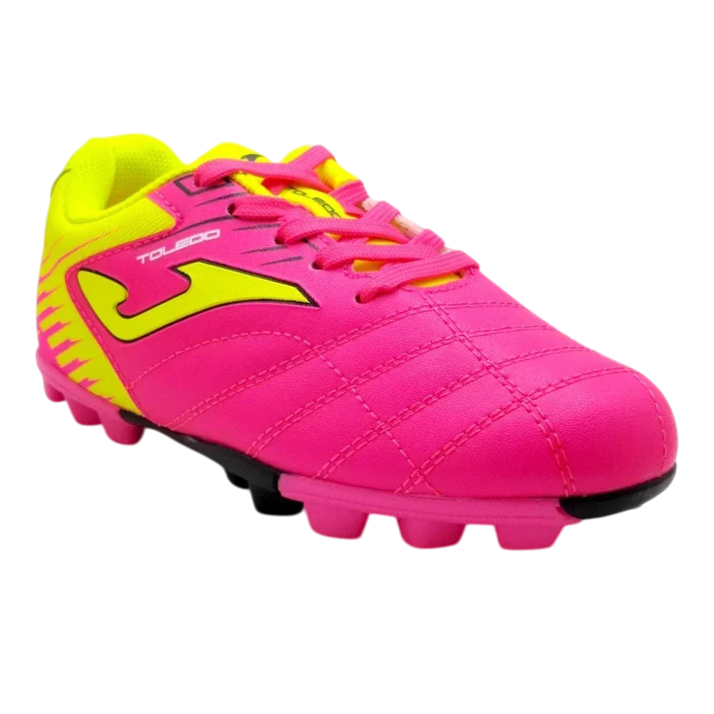 Joma Toledo junior soccer cleat in bright pink with neon yellow accents, stitched panels, laces and molded studs
