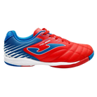 Joma Toledo indoor soccer shoe in red and blue synthetic material, with a white Joma logo and striped heel panel