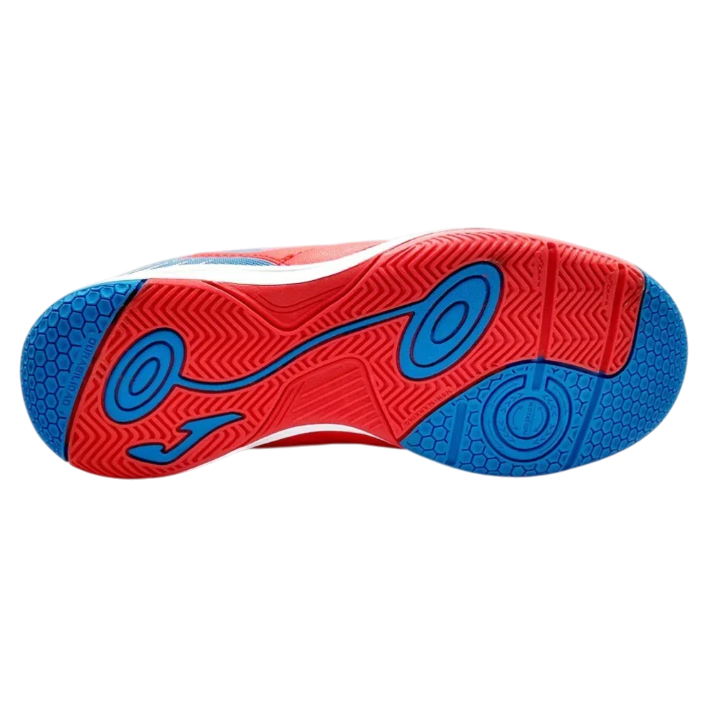 Joma Toledo indoor soccer shoe outsole in red and blue rubber, featuring a patterned non-marking court-grip tread