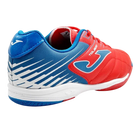 Joma Toledo junior indoor soccer shoe in red, blue and white with a striped design and flat rubber outsole
